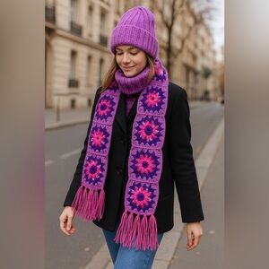 Handmade crocheted lavender beanie hat & granny square fringe scarf set